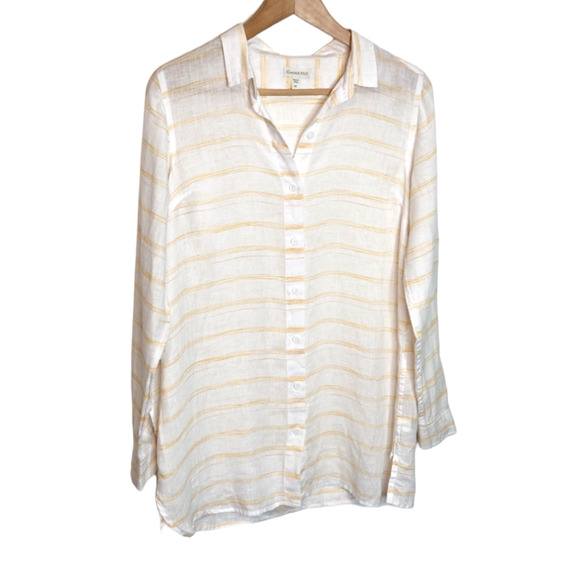 Garnet Hill Womens Linen Button Up Tunic Top Size PP 0-2 White Yellow Stripe - Picture 1 of 10